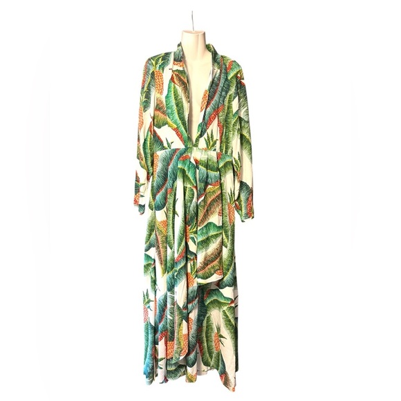 Farm Rio Womens L Maxi Dress Forest Palm Pineapple Plunge Long Sleeve Faux Wrap - Picture 1 of 10